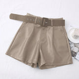 New PU Leather Shorts Women Shorts All-match Sashes Wide Leg Short Ladies Sexy Leather Shorts Autumn