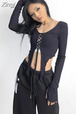 Slight Strech Crop Tops Long Sleeve Tshirts Irregular Slim Waist Tees Women Camisetas High Street American O