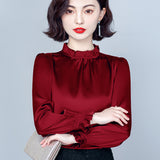 Spring 2025 New Pressure Pleated Wood Ear Shirt Female Satin Foreign Style Small Shirt Gentle Wind Bubble Sleeve