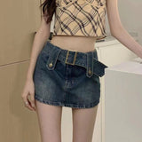 Vintage Women Korean Button Belted Short Denim Mini Skirts Aesthetic Fairy Grunge High Waiste Jeans A-line Skirt Alt