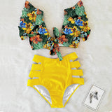Ruffled Hem Bikini Set Women Flora V-Neck High-Waisted Two Piece Swimsuit 2023 Girl Beach Bathing Suit Swimwear