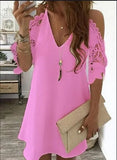 Sexy V Neck Spaghetti Straps Hollow Out Women's Dress 2021 Fashion Solid Lace Pachwork Loose Ladies Mini Dress Plue