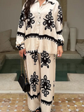 Printed Lace Up Casual Loose Pants Suit Women Chic Lapel Long Sleeves Shirt 2 Piece Sets 2024 Fashion Lady Street
