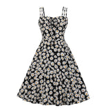 Front Daisy Floral Print Black Women Flare Casual Dresses Spaghetti Strap Summer Vacation Beach Casual Vintage Swing