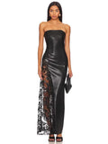 INS Solid Color PU Leather Fashion Temperament Body-Meared Lace Explosion Sexy Mid-Long Dress Dress