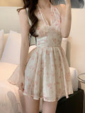 Chic Backless Chiffon Mini Dress Women 2023 Summer Floral Print Sexy Sleeveless Neck-mounted Holiday Sweet Female