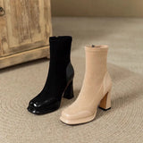 Autumn And Winter Retro Thick Heel Short Boots Women's Splicing Waterproof Platform Simple Elastic Thin Boots High Heel Short Tube Single
