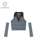 Vintage Striped Slim T Shirt Y2k Design Knitted Tops Polo-Neck 90s Streetwear Harajuku Fashion Casual Crop Top
