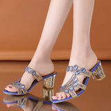Zingj 2023 Summer Korean Rhinestone Slippers Women Wear Thick Heel With One-Flops Large Size Sandals- Outfit