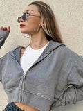 Zip Up jacket Cropped gray Hoodies Women Harajuku Pockets Basic Autumn Jacket Solid Y2K Short Hooded grunge