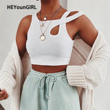 Sleeveless Summer White Womens Tank Top Bandage Hollow Out Ribbed Crop Tops Tees Fashion Fitness Mini Vest
