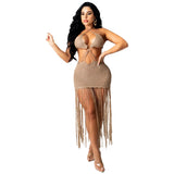 Zingj New Women's Solid Color Knit Sexy Strapless Tassel Beach