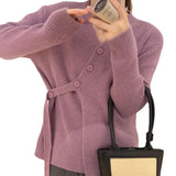 Zingj Version Of Irregular Inclined Buckle Ribbon Knit Cardigan Niche Design Sense Fashion Temperament Sweater Female Daily Commuting