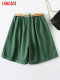 Women Vintage Khaki Wide Leg Shorts with Belt Pockets Female Retro Casual Shorts Pantalones