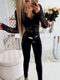Women Bodysuit Sexy Sheer Eyelash Lace Long Sleeve Bodysuit Slim Rompers Jumpsuit Casual Skinny