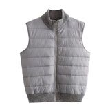 New Women's Versatile Striped Standing Collar Zipper Sleeveless Padded Jacket Patchwork Knit