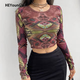 Grunge Harajuku Printed Crop Top T Shirt Women 2021 Autumn Basic Long Sleeve Gothic T-shirt Ladies Streetwear