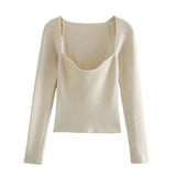 New Solid Square Collar Cropped Knitted Blouse Bodycon Pullover Shirt Long Sleeve ZA Heart Shaped Female Sweater Short