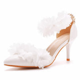 Cm White Flowers High Heel Sharp Sandals One Word Wristband Bride Hollow Fine Tip Head Wedding Dress