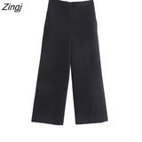 Women Fashion Side Pockets Loose Wide Leg Pants Office Lady High Elastic Waist Zipper Fly Female Ankle Trousers Mujer