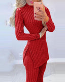 Warm Solid Long Sleeve Slit Knitted Sweater With Skinny Long Pants Suit Women's Elegant 2 Piece Outfits Sets