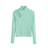 Sexy Skinny Turtleneck Top Woman Hollow Out Casual Long Sleeve T Shirt Skinny Spring 2021 Slim Tee Lady