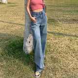 Small Flower Jeans Women Hit The Color Leather Standard High Waist Pendant Feeling Broad Legs Loose 100 Straight Tube Floor