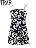 Printed Slip Dress Women Tied Backless Short Dresses Woman Black White Mini Beach Dress 2022 Sleeveless Sexy Summer