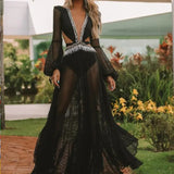 V-Neck Backless Hollow Out Dress 2022 Summer Women Long Lantern Sleeve Club Party Long Maxi Dresses Vestidos De Festa