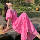 Zingj Shot Summer Dress New Retro Hollow Out Embroidery Short Sleeve Dress Deep V Bubble Sleeve Sweet
