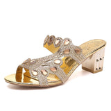 Zingj 2023 Summer Korean Rhinestone Slippers Women Wear Thick Heel With One-Flops Large Size Sandals- Outfit