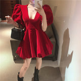 French Black Dress Women Audrey Hepburn Flannel V Neck Short Skirt Puff Short-Sleeve Sexy Party Elegant Fluffy