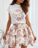 Summer Dresses Women Floral Letter Print T-shirt & Layered Ruffles Skirt Two Piece Set Casual Mini Dress