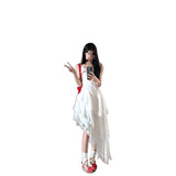 Korean Holiday Style White Lace Splicing Sling Dress Women's 2025 Summer Irregular