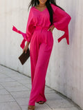 Women 2022 V Neck Shirts & Straight Long Suits Pants Outfit Loose Solid 2 Piece Sets Autumn New Commute Long Sleeve Belt