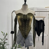 Hottie Sexy Tset Blouse Irregular Cowboy Splicing Mesh Yarn Tie With Short T-Shirt