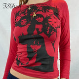 Summer Long Sleeve Crop Top Green Women 2022 Y2K Print Sexy T Shirts Basic Streetwear Casual Tee Shirt Vintage