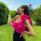 Women Ruffles One Shoulder Sexy Jumpsuit Swimwear Solid 2 Color Alternative Beach Bathing Suit Skinny Body