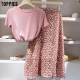 Summer Cute Pink Set Women Two Pieces Set Casual Cotton Linen Slim T-shirts High Waist