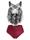 Women Skull Graphic Padded High Waist Tankini Swimwear Casual Swimsuit Ladies Two Pieces Bathing Suits Beach