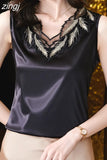 Women's Blouses Sexy Tank Tops Solid Female Embroidery Camisole Summer Satin Sleeveless Women Clothing Lace Womens