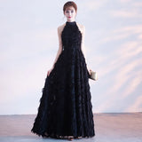 Feather Hanging Neck Open Shoulder Fashion Atmosphere Thin Long Skirt Evening Dress Students Graduation Performance Choral