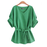 Plus Size Women Cotton Linen Blouse Shirts Casual V Neck Big Bow Summer Tops Ladies Short Sleeve Loose