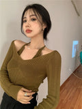 Fashion Women Cropped Sweater Korean V Neck Y2K Tops Halter Off Shoulder Knit Sweaters Long Sleeve Fake Two Piece