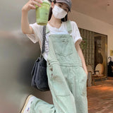 Green Denim Overalls Pant for Women Y2k Streetwear Baggy Pocket Jeans Straight Bib Denim Rompers Trousers Korean