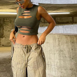 2022 Long Sleeve Crop Top See Through Brown Y2K Beach Casual 90s Sexy T Shirts Women Black Bandage Summer Tee