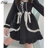 Lolita Gothic Dress Women Vintage Square Collar Puff Long Sleeve Dress Young Girl High Waist Lace Ruffles Kawaii