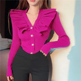 V Neck Sweater Cardigan Women Full Sleeve High Stretch Knit Sweaters Shirts For Slim Girls Autumn