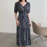 Style Summer Print Floral Dress Women V Neck Short Sleeves Chiffon Bohemian Dresses Beach Midi Female Wrap