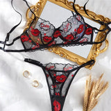 Black Lips Embroidery Sheer Lingerie Set- Outfit